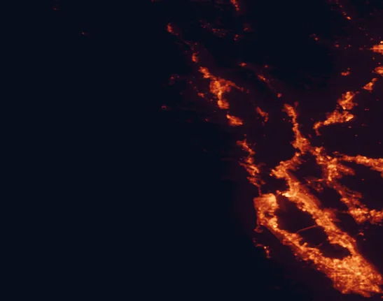Satellite night-light map of the 100 km around Point Reyes National Seashore, with San Francisco, San Jose and Oakland marked