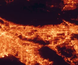 Satellite night-light map of the 50 km around Pomona, with Los Angeles, Anaheim and Ontario marked