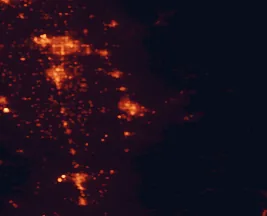 Satellite night-light map of the 50 km around Porterville, with Visalia, Tulare and Delano marked