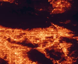 Satellite night-light map of the 50 km around Rancho Cucamonga, with Ontario, Riverside and Fontana marked