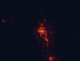 Satellite night-light map of the 50 km around Redding, with Shasta Lake, Anderson and Red Bluff marked