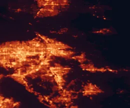 Satellite night-light map of the 50 km around Redlands, with San Bernardino, Riverside and Moreno Valley marked