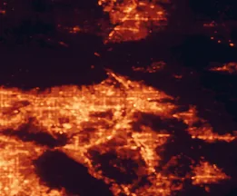 Satellite night-light map of the 50 km around Rialto, with Fontana, San Bernardino and Riverside marked
