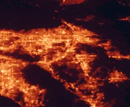 Satellite night-light map of the 50 km around Riverside, with Fontana, Moreno Valley and San Bernardino marked