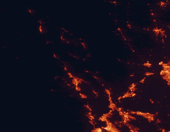 Satellite night-light map of the 100 km around Robert Louis Stevenson State Park, with Santa Rosa, Oakland and Vallejo marked