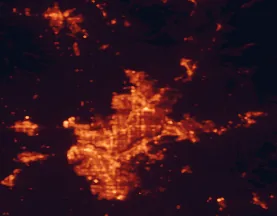 Satellite night-light map of the 50 km around Roseville, with Sacramento, Citrus Heights and Rocklin marked