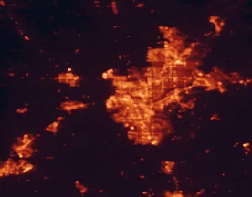 Satellite night-light map of the 50 km around Sacramento, with Elk Grove, Arden-Arcade and Roseville marked