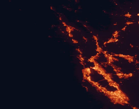 Satellite night-light map of the 100 km around Samuel P. Taylor State Park, with San Francisco, San Jose and Oakland marked