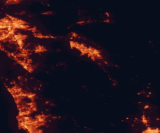 Satellite night-light map of the 100 km around San Bernardino National Forest, with San Diego, Riverside and Moreno Valley marked