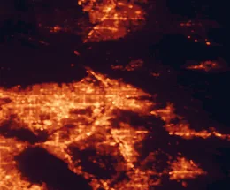 Satellite night-light map of the 50 km around San Bernardino, with Riverside, Fontana and Moreno Valley marked