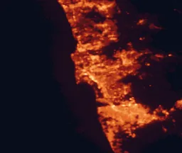 Satellite night-light map of the 50 km around San Diego, with Tijuana, Chula Vista and National City marked