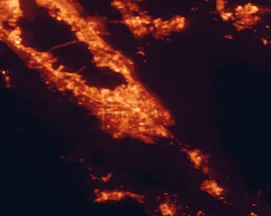 Satellite night-light map of the 50 km around San Jose, with Santa Clara, Sunnyvale and Fremont marked