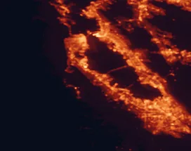Satellite night-light map of the 50 km around San Mateo, with San Francisco, San Jose and Oakland marked