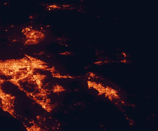 Satellite night-light map of the 100 km around Sand to Snow National Monument, with Riverside, San Bernardino and Moreno Valley marked