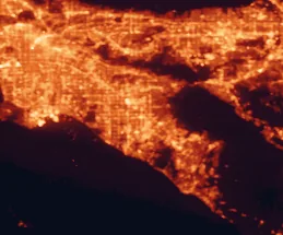Satellite night-light map of the 50 km around Santa Ana, with Los Angeles, Anaheim and Irvine marked