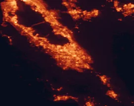 Satellite night-light map of the 50 km around Santa Clara, with San Jose, San Francisco and Sunnyvale marked