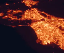 Satellite night-light map of the 50 km around Santa Monica, with Los Angeles, Long Beach and Glendale marked