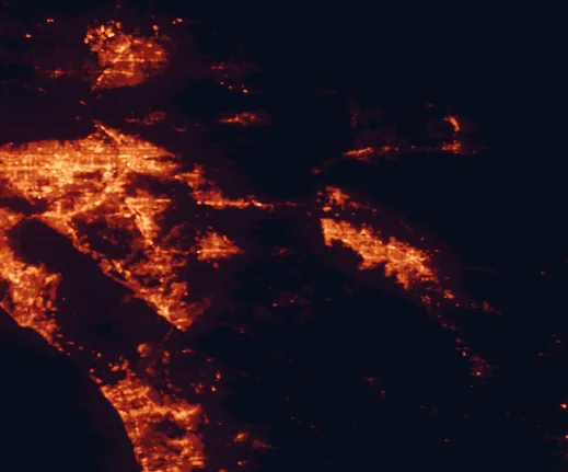 Satellite night-light map of the 100 km around Santa Rosa and San Jacinto Mountains National Monument, with Riverside, Moreno Valley and San Bernardino marked