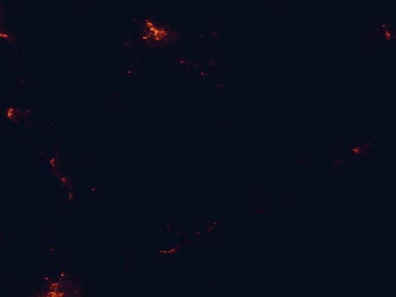 Satellite night-light map of the 100 km around Sáttítla Highlands National Monument, with Klamath Falls, Altamont and Shasta Lake marked