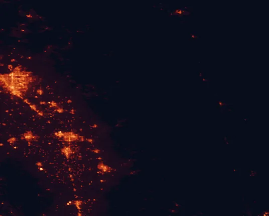 Satellite night-light map of the 100 km around Sequoia National Park, with Fresno, Visalia and Clovis marked