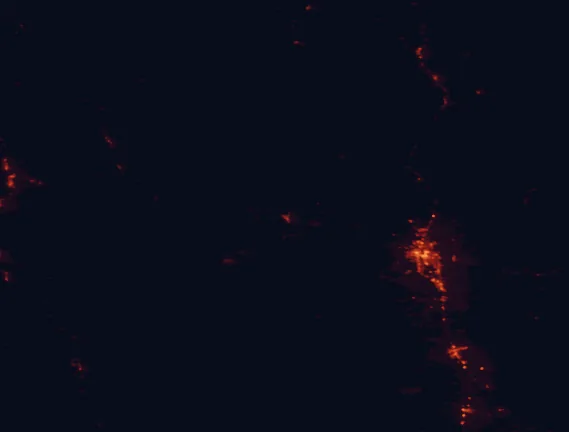 Satellite night-light map of the 100 km around Shasta-Trinity National Forest, with Redding, Bayside and Shasta Lake marked