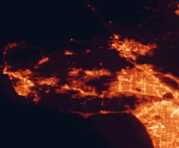 Satellite night-light map of the 50 km around Simi Valley, with Thousand Oaks, Santa Clarita and Oxnard marked