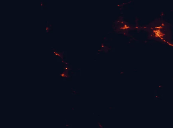 Satellite night-light map of the 100 km around Smith River National Recreation Area, with Medford, Grants Pass and Central Point marked