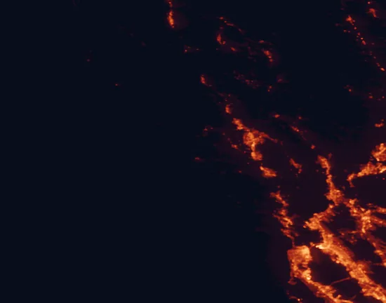 Satellite night-light map of the 100 km around Sonoma Coast State Park, with San Francisco, Oakland and Santa Rosa marked