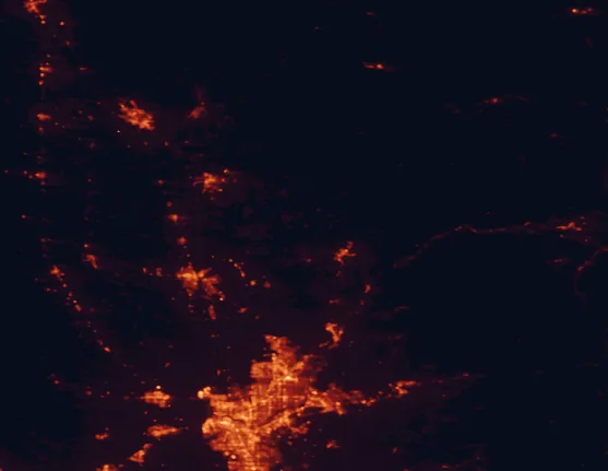 Satellite night-light map of the 100 km around South Yuba River State Park, with Sacramento, Roseville and Chico marked