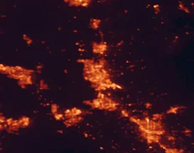 Satellite night-light map of the 50 km around Stockton, with Modesto, Manteca and Tracy marked