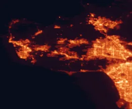 Satellite night-light map of the 50 km around Thousand Oaks, with Simi Valley, Oxnard and Santa Clarita marked