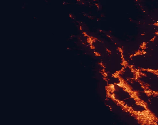 Satellite night-light map of the 100 km around Tomales Bay State Park, with San Francisco, San Jose and Oakland marked