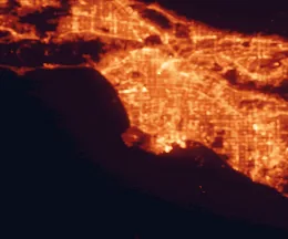 Satellite night-light map of the 50 km around Torrance, with Los Angeles, Long Beach and Anaheim marked