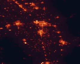 Satellite night-light map of the 50 km around Tulare, with Visalia, Hanford and Porterville marked