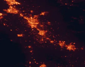 Satellite night-light map of the 50 km around Turlock, with Modesto, Ceres and Merced marked