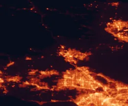 Satellite night-light map of the 50 km around Valencia, with Los Angeles, Santa Clarita and Simi Valley marked