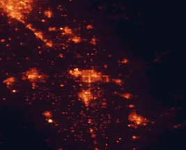 Satellite night-light map of the 50 km around Visalia, with Fresno, Tulare and Hanford marked