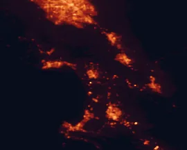 Satellite night-light map of the 50 km around Watsonville, with Salinas, Santa Cruz and Gilroy marked