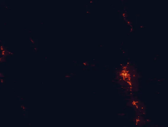 Satellite night-light map of the 100 km around Weaverville Joss House State Historic Park, with Redding, Bayside and Shasta Lake marked
