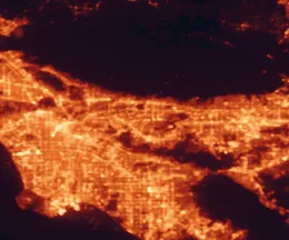 Satellite night-light map of the 50 km around West Covina, with Los Angeles, Anaheim and Long Beach marked