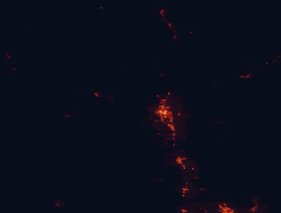 Satellite night-light map of the 100 km around Whiskeytown-Shasta-Trinity National Recreation Area, with Redding, Shasta Lake and Anderson marked