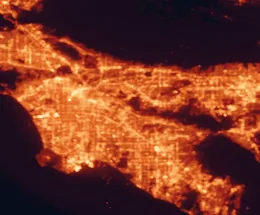 Satellite night-light map of the 50 km around Whittier, with Los Angeles, Long Beach and Anaheim marked
