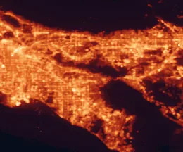 Satellite night-light map of the 50 km around Yorba Linda, with Los Angeles, Anaheim and Santa Ana marked