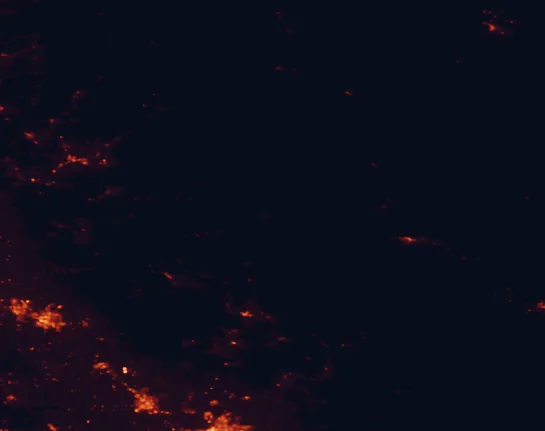 Satellite night-light map of the 100 km around Yosemite National Park, with Merced, Madera and Atwater marked