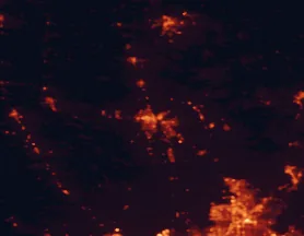 Satellite night-light map of the 50 km around Yuba City, with Roseville, Linda and Lincoln marked