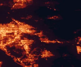 Satellite night-light map of the 50 km around Yucaipa, with Riverside, Moreno Valley and San Bernardino marked