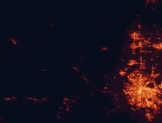 Satellite night-light map of the 100 km around Arapaho National Recreation Area, with Denver, Aurora and Fort Collins marked