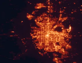 Satellite night-light map of the 50 km around Arvada, with Denver, Aurora and Westminster marked