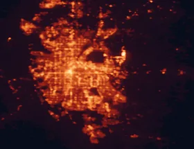 Satellite night-light map of the 50 km around Aurora, with Denver, Lakewood and Thornton marked
