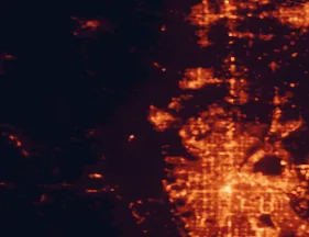 Satellite night-light map of the 50 km around Boulder, with Denver, Aurora and Thornton marked